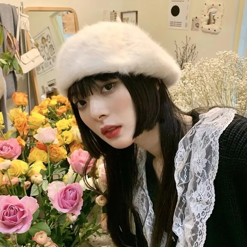 Newsboy Hat Solid Color Faux Mink Beret Soft Furry Pumpkin Painter Cap Thermal Thickened Plush Octagonal Cap Dating