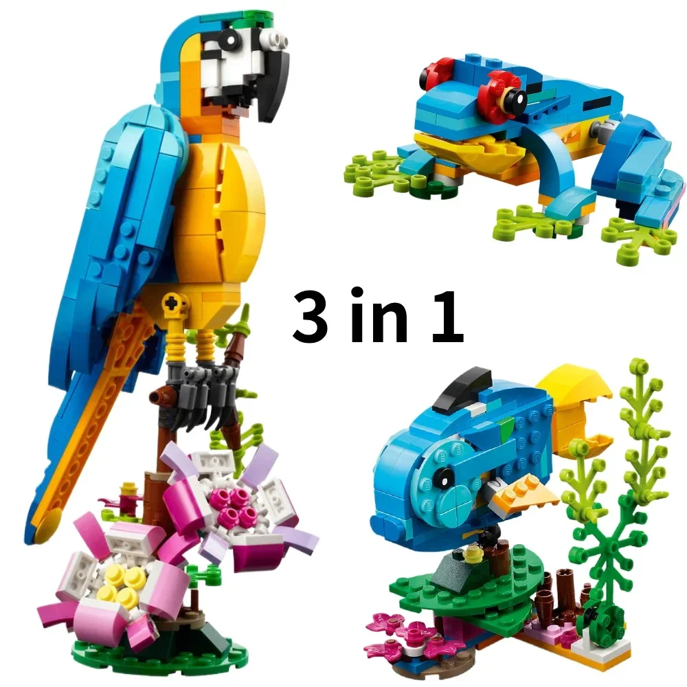 Create 3 Animals in 1 with this Exotic Parrot Building Blocks Set - Parrot, Fish and Frog in One