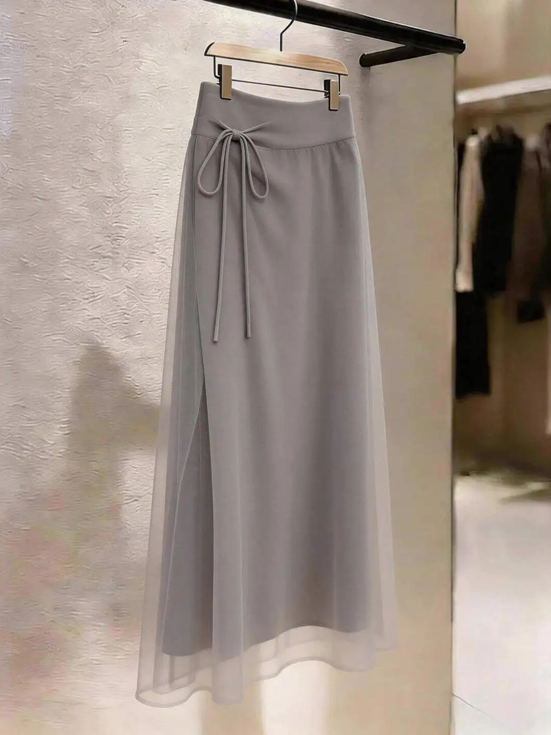 Outlet Grey A-Line Midi Skirt with Belt Slimming Summer Commute Women's High Waist Lace Panel Loose Fit Fashionable Skirt