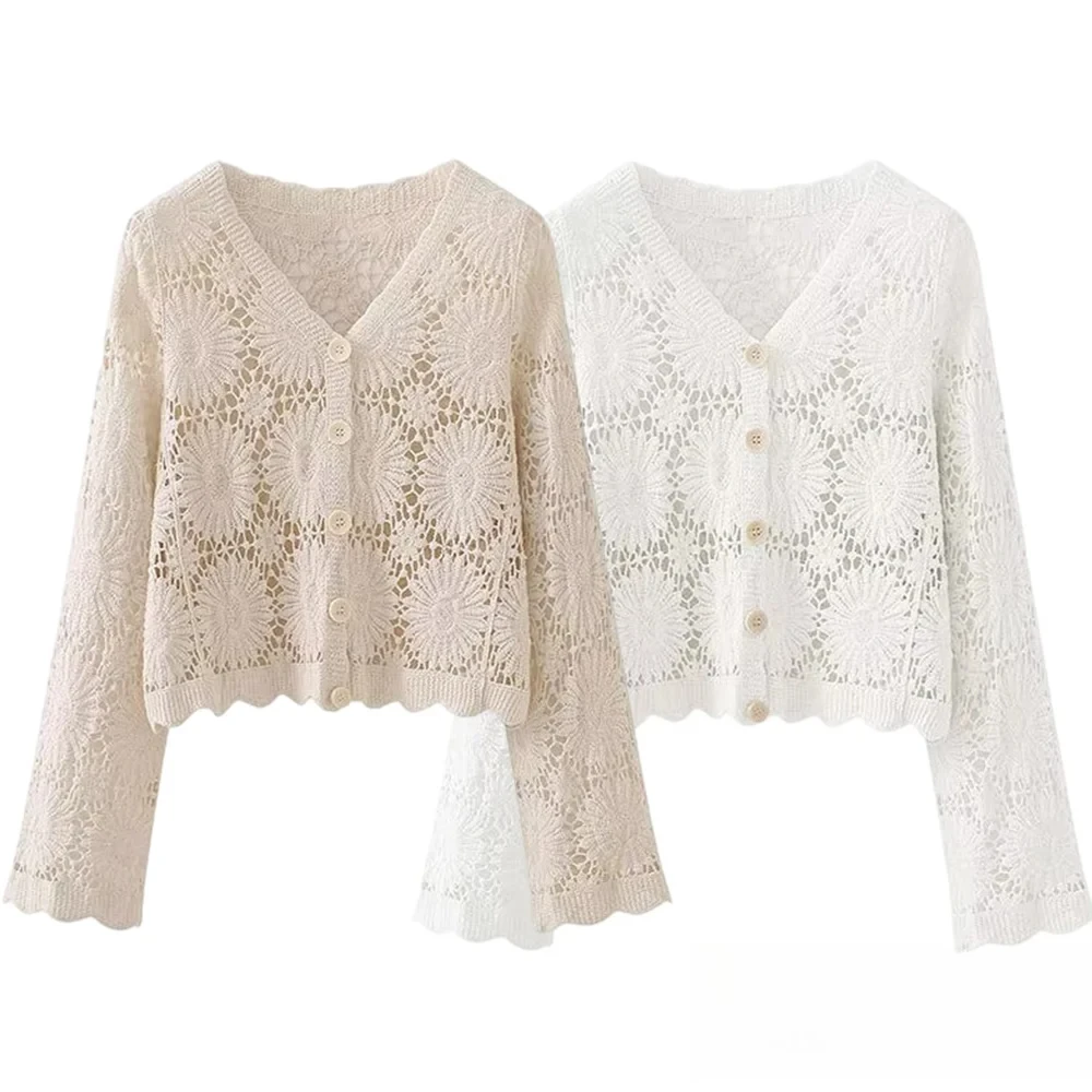 

KONDALA Women Vintage Boho Crochet Floral Top V-Neck Shirt Cardigan New 2025 Spring Summer Fall Fashion Holiday Beach Cardigan