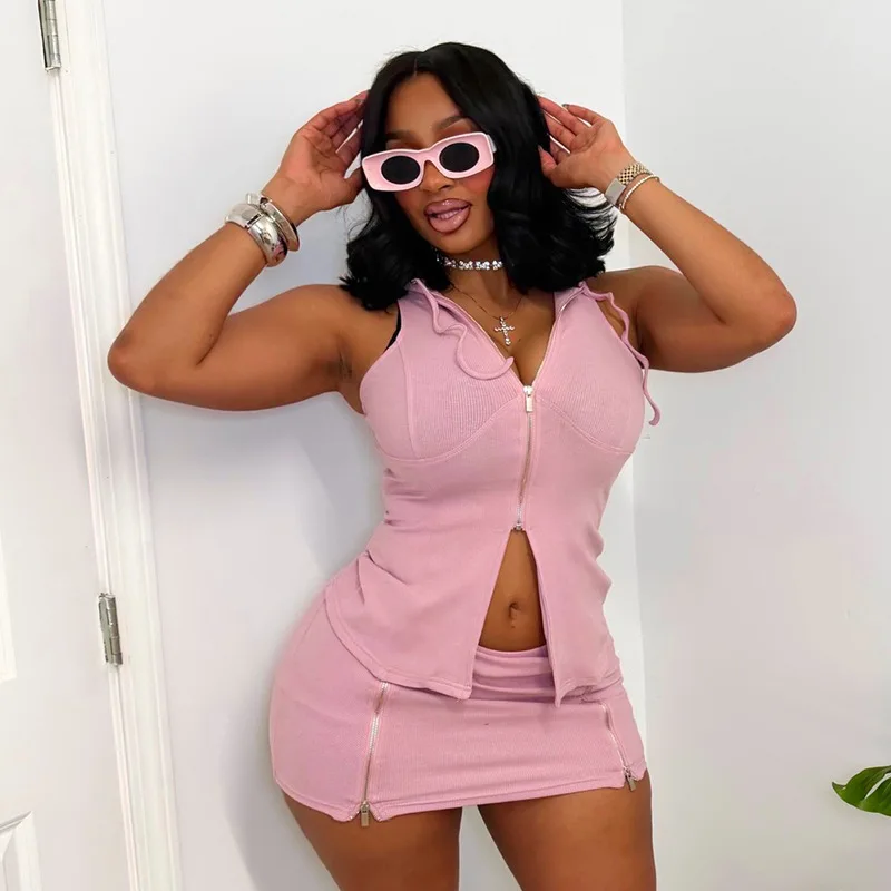 

Sexy Slim Fit Sleeveless Hoodie Zipper Bodycon Skirt Two Piece Set for Women Summer Casual Sportswear Street Style