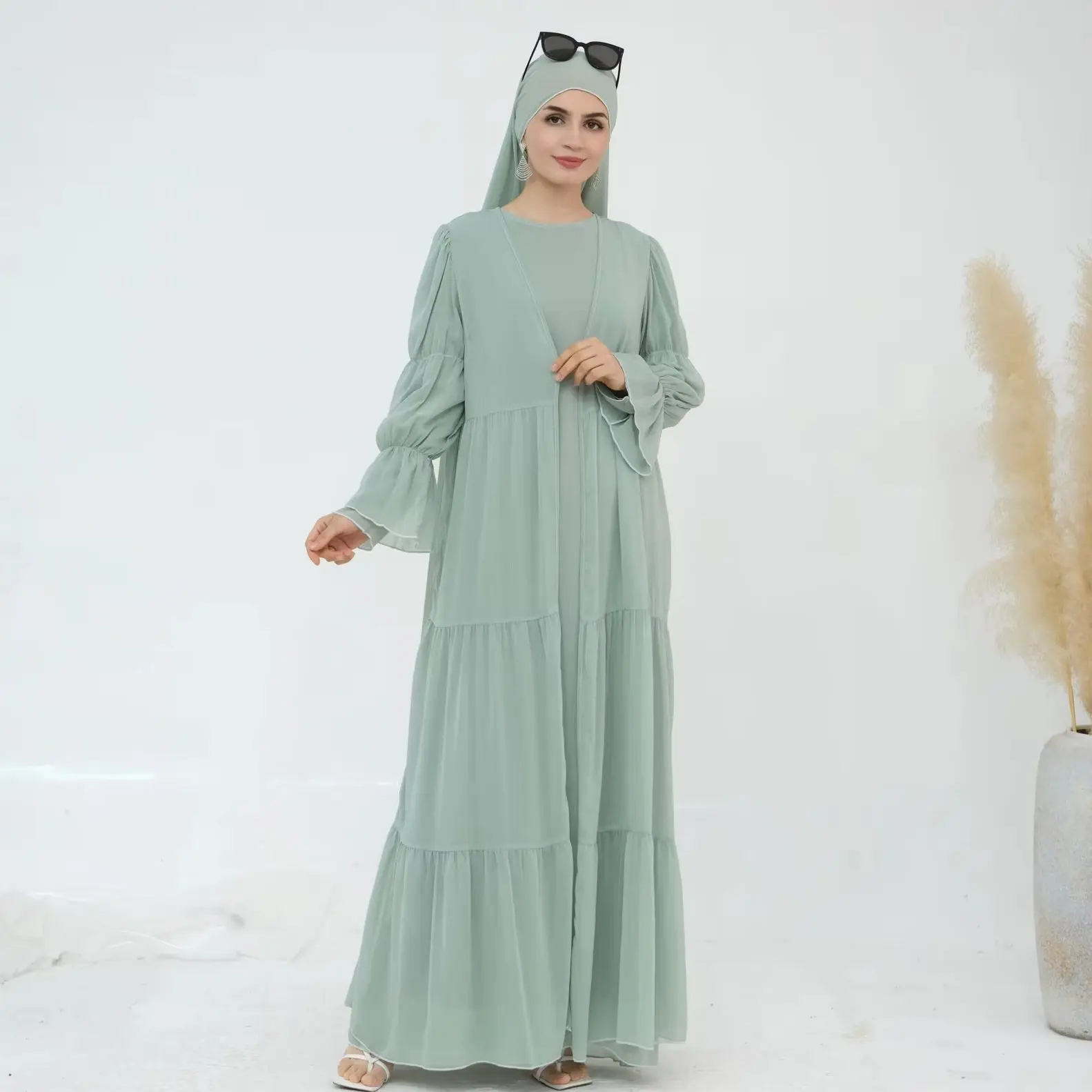 Sweet Hijabi Suit Chiffon Abaya Dress Set-Long Sleeves Lined Dress, Sheer Tiered Open Abaya, Ramadan Eid Party Muslim Women Sets