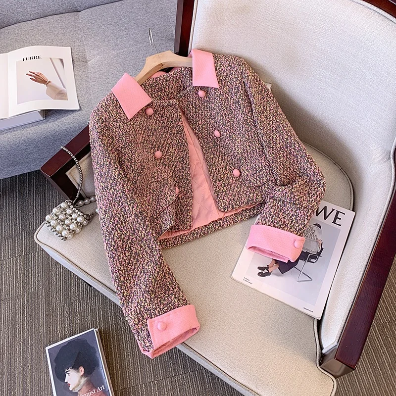 2024 Pink Autumn/Winter Trendy Sweet Lapel Youthful Classic Style Tweed Two-Piece Suit for Women Female Office Lady High Quality