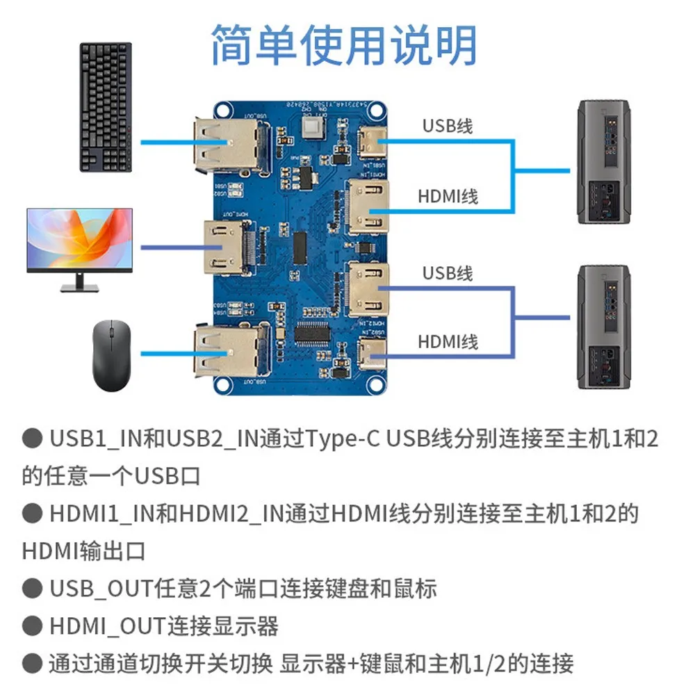 Dual‑Channel KVM Switch Module USB HUB 2 Hosts Share One Set Monitor Keyboard Mouse Button Switch 480Mbps with LED Indicator