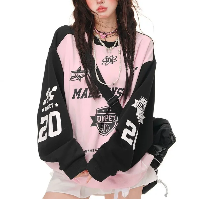 American Retro Round Neck Korean Baseball Team Loose Contrast Color Sweatshirt Women 2024 Autumn Lazy Long Sleeve Jersey Female