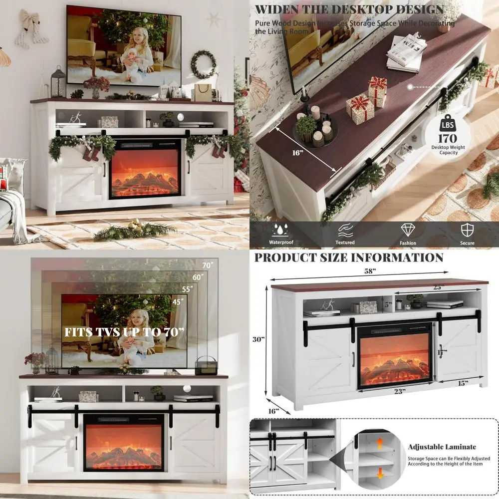 Max 70 TV Electric Fireplace Stand, Entertainment Center with 23 Heat Settings and 12 LED Light Options, White