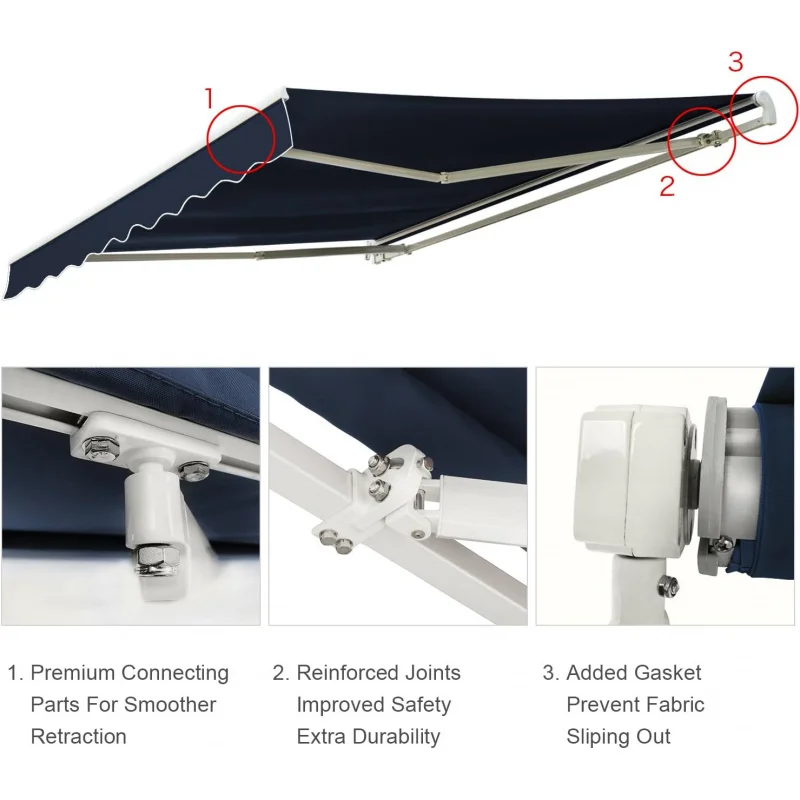 12'x8' Patio Awning Retractable Fully Assembled, Manual Commercial Grade Awnings - Quality 100% 280G Ployester Window Door Sunsh