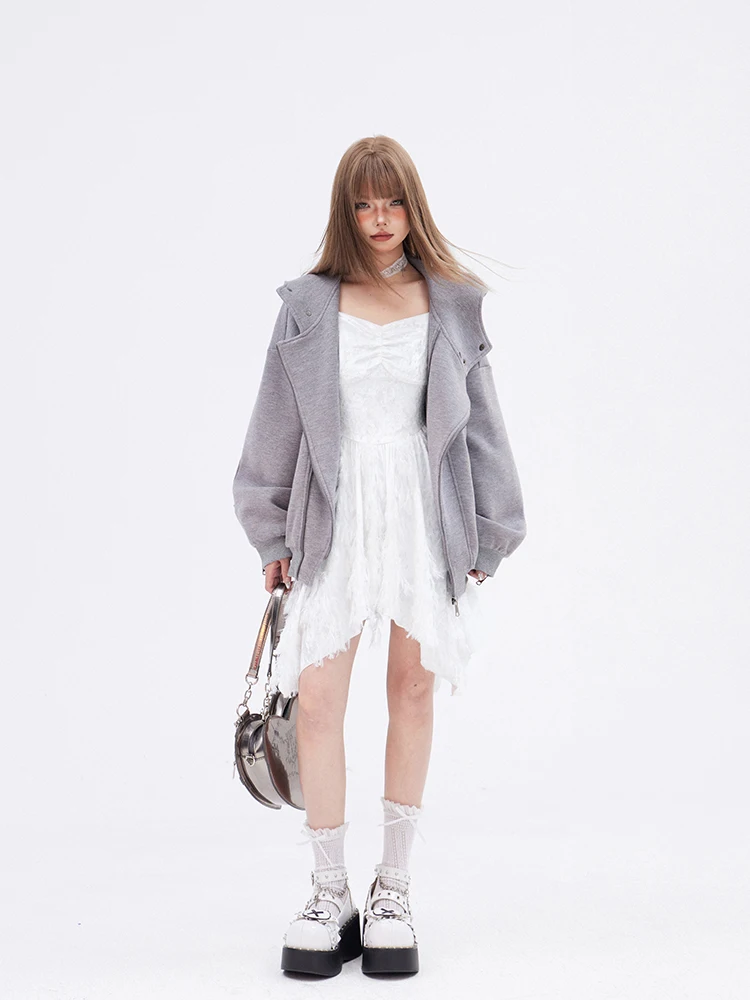 

Американская ретро-толстовка для женщин, верхняя одежда на раннюю весну, кардиган с двойной молнией, свободный повседневный спортивный топ