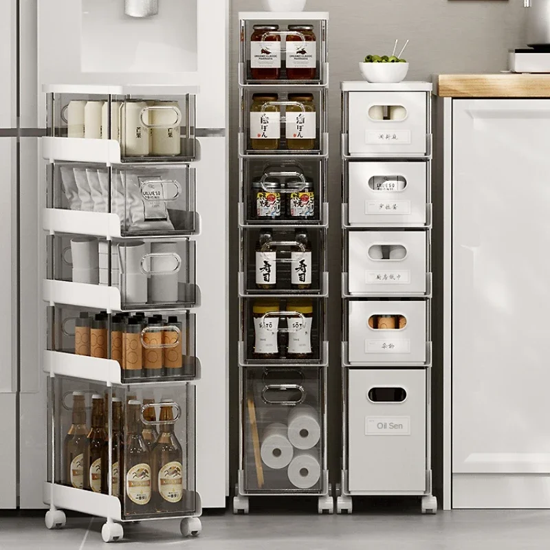 

Layered Storage Cabinets - Kitchen Gap Organizers, Narrow Slit Sideboard with Pulley, Efficient Bathroom Storage Solution