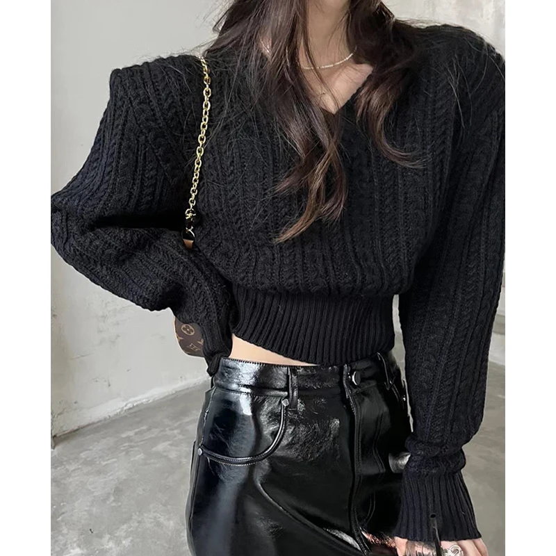 Autumn knitted Twist Sweaters Korean Fashion V Neck Women Cropped Sweater Casual Pullover Shoulder Padded Long Sleeve Tops 28836