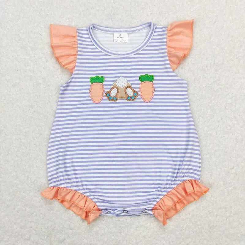 

New rts baby girls Easter romper wholesale boutique embroidery bunny carrot pattern stripes girls onesies