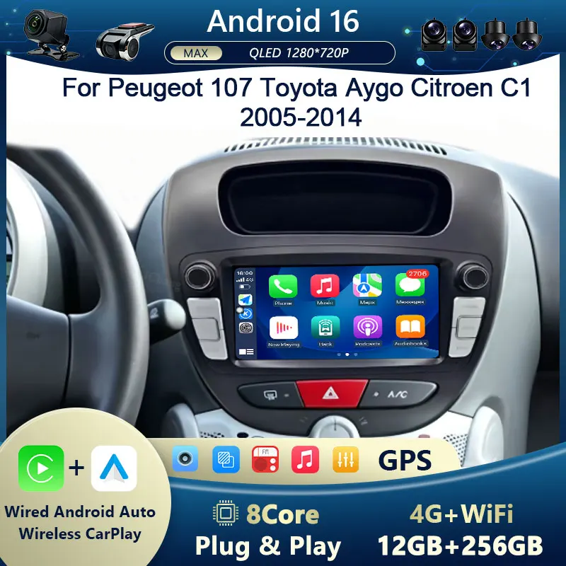 For Peugeot 107 Toyota Aygo Citroen C1 2005 - 2014 Android Auto Car Radio Mutimedia Player GPS Navigation Bluetooth 4G DSP WFi