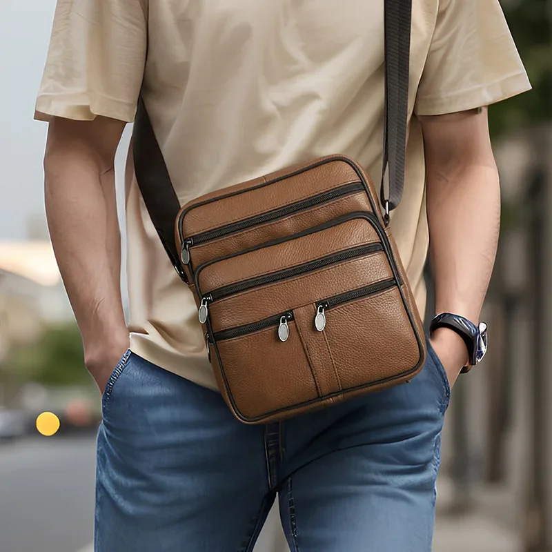 Stylish Men's Outdoor Leather Crossbody Shoulder Bag with Adjustable Strap and Large Capacity