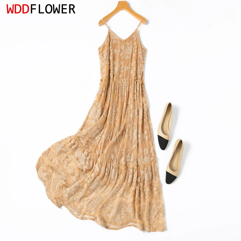 

Women Chemise Dress 100% Mulberry Silk With Lining Camel Embroidery Spaghetti Straps Big Hem Slip Summer Beach M L XL M1166