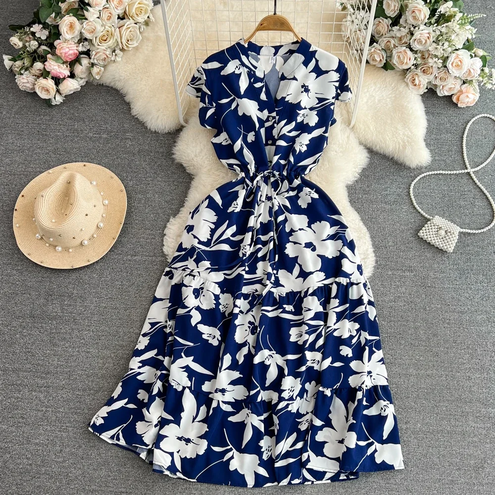 2026 Summer Women Floral Midi Dress Vintage V-Neck Ruffle Hem Elegant Single Breasted Vestidos Female Vacation Beach Robe New
