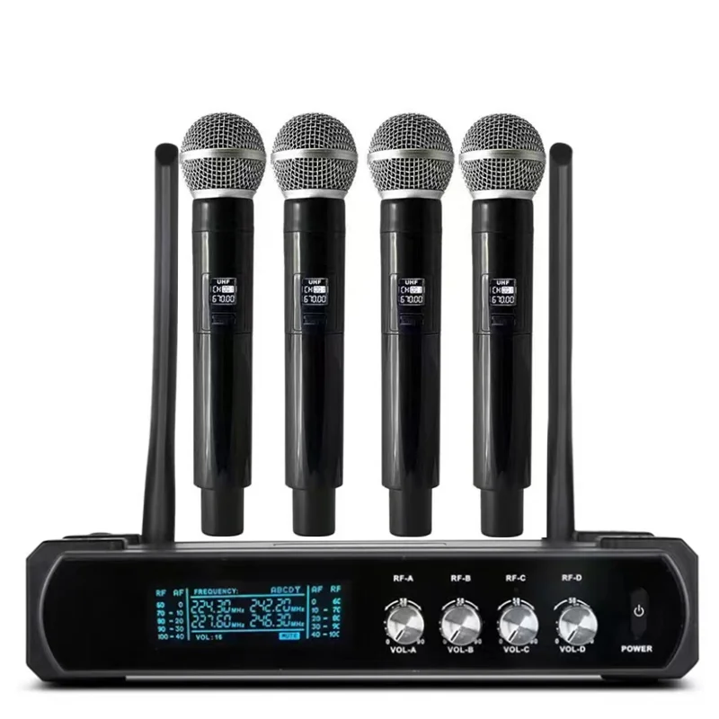 

Professional Wireless Microphone UHF 4 Channel Fixed Frequency Handheld Device for Stage Presentations, Home Parties, Churches