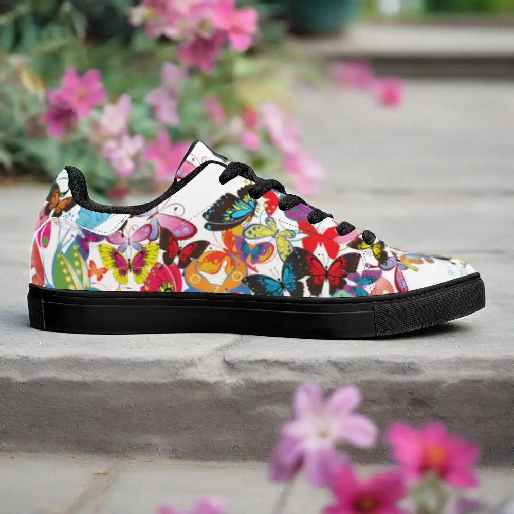 

Customizable printed colorful butterfly pattern stylish black sole casual athletic shoes for men and women