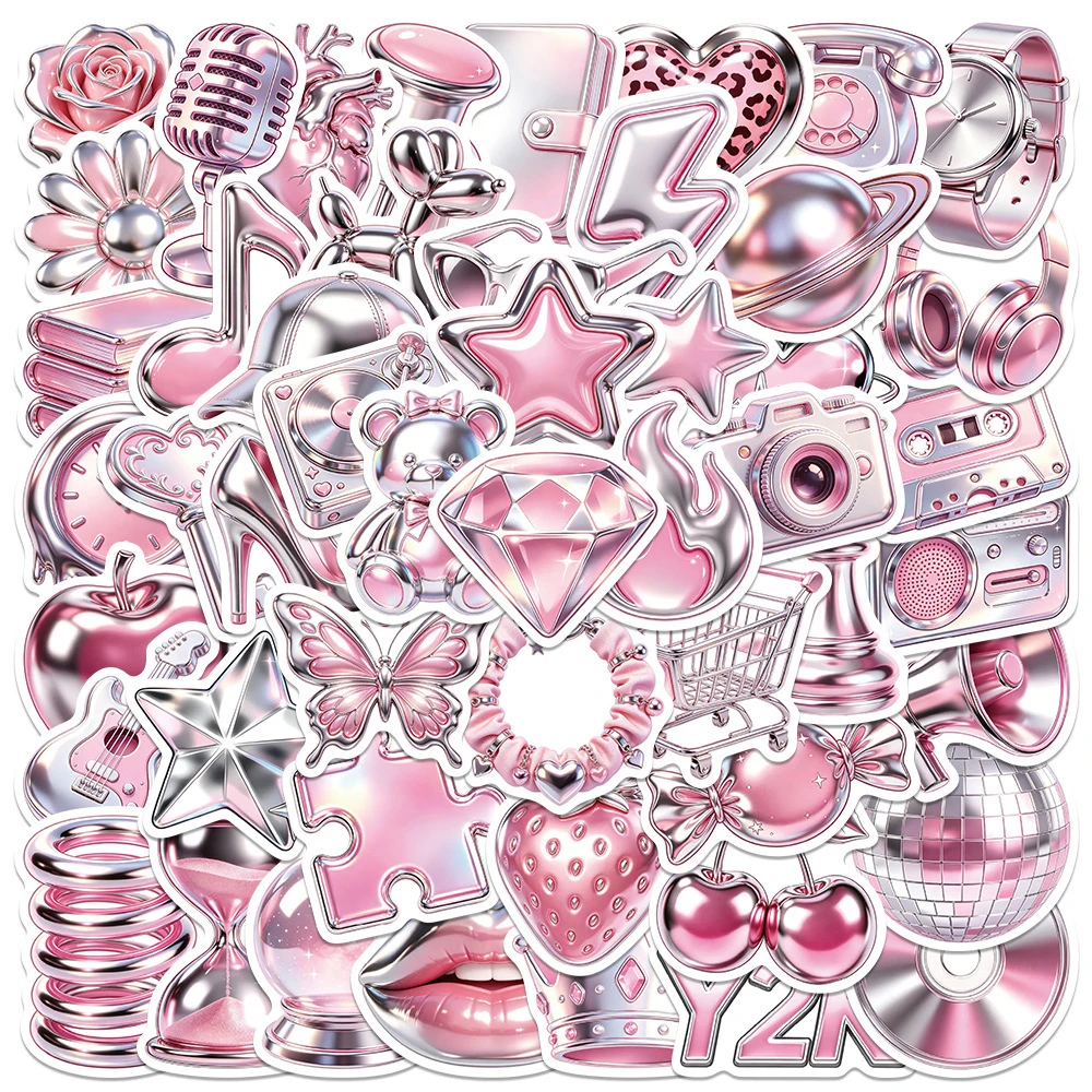 10/30/50 Stück Metallic Rosa Y2K Graffiti-Aufkleber Cartoon Ästhetische Sticker für Laptop, Kühlschrank, Handyhülle, Tagebuch, Dekoration, Spielzeug