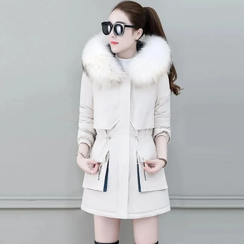 2023 New Winter Coat Women Parka Fashion Long Coats Hoodie Parkas Fur Neckline Warm Chiffon Apron Student Jacket Outerwear