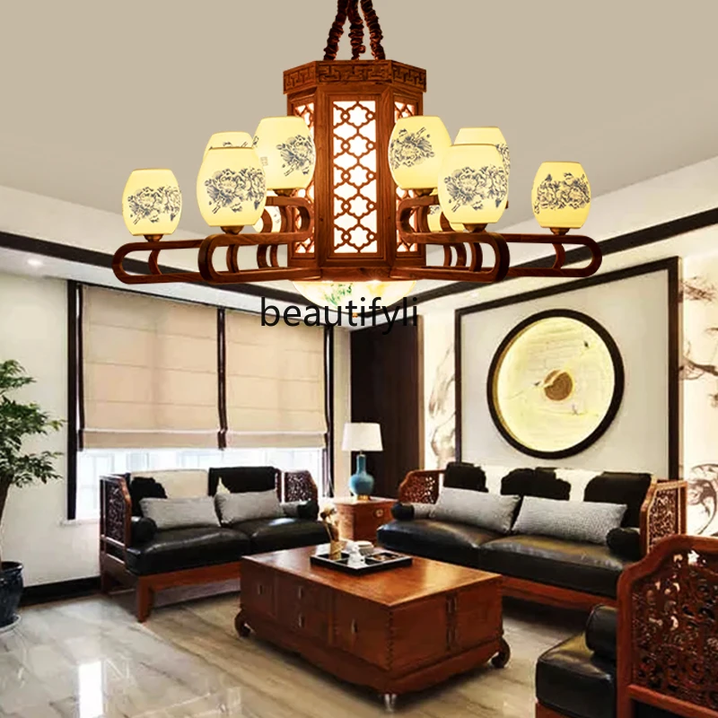 New Chinese Style Living Room and Hotel Hall Lobby Chandelier Chinese Style Retro Glass Lampshade Solid Wood Lighting