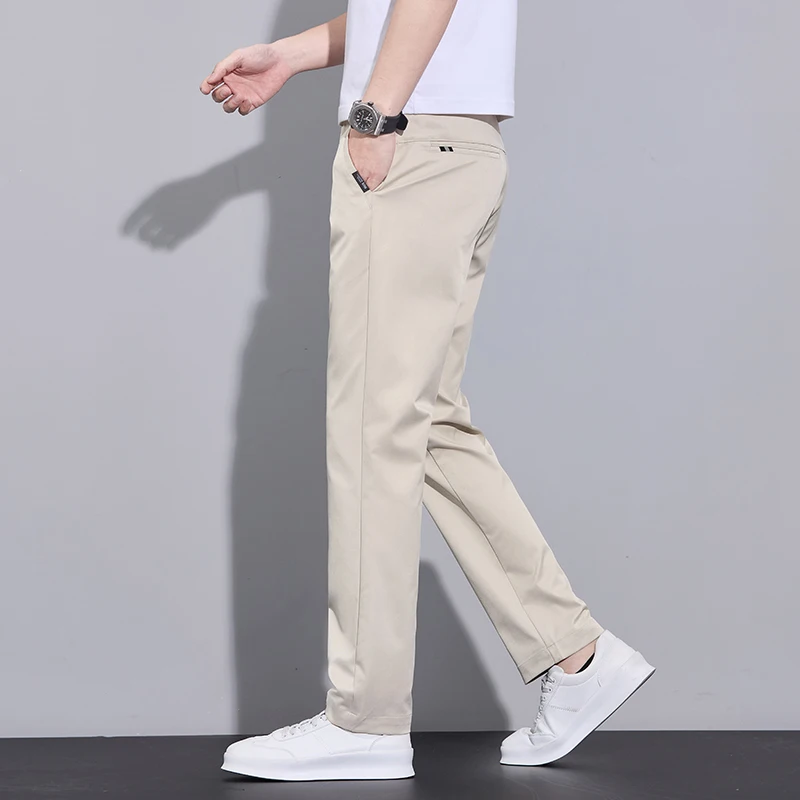 

Spring Summer Thin Men's Slim Casual Pants Solid Color Elastic Waist Soft Breathable Business Straight Trousers Black Beige Gray