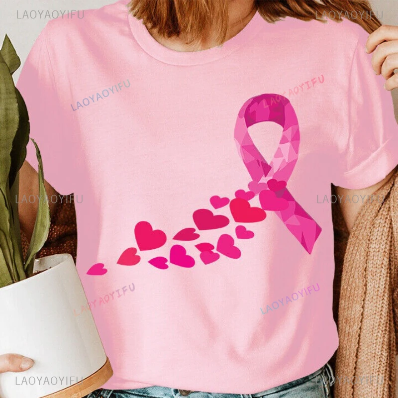 

Женские футболки с розовой лентой и сердечками, осведомленность о раке молочной железы, летние дышащие футболки с круглым вырезом и принтом, хлопковая Ropa Mujer