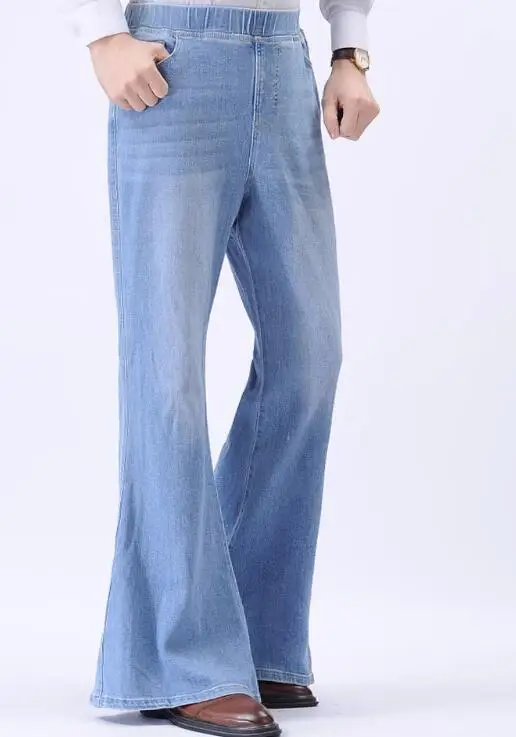 Light Blue Flare Pants Men Jeans Spring Elastic Waist Vintage