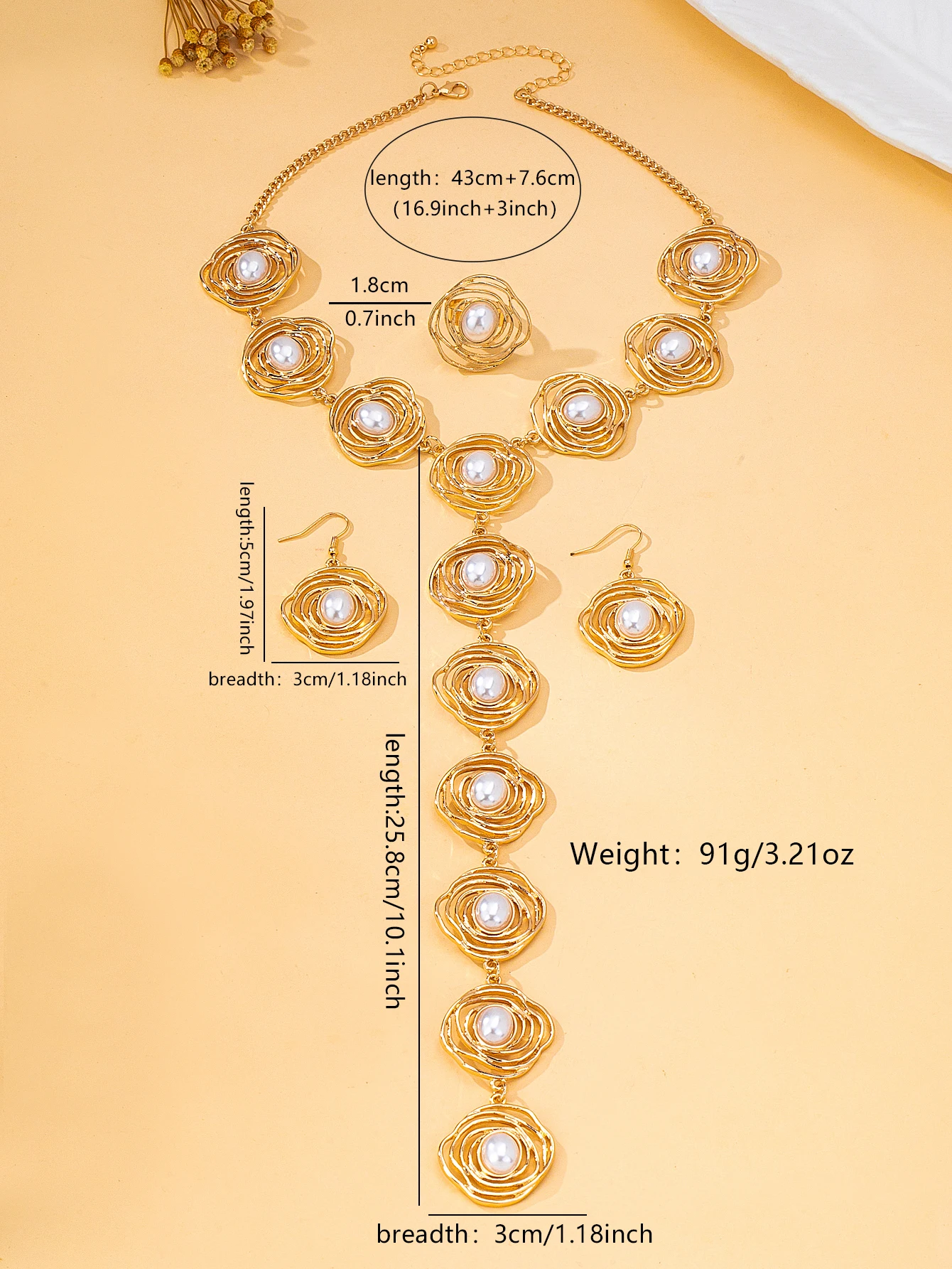 Damen-Schmuckset mit goldfarbenen, spiralförmigen Blumen und Perlen, mehrschichtige, drahtumwickelte lange Halskette, Hängeohrringe, Ring, Vintage-Party, auffälliger, dekorativer Schmuck. – Detail 6