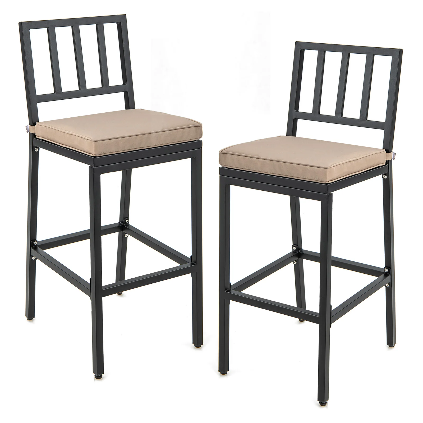 Set of 2 Patio Metal Bar Stools Outdoor Bar Height Dining Chairs w/ Cushion