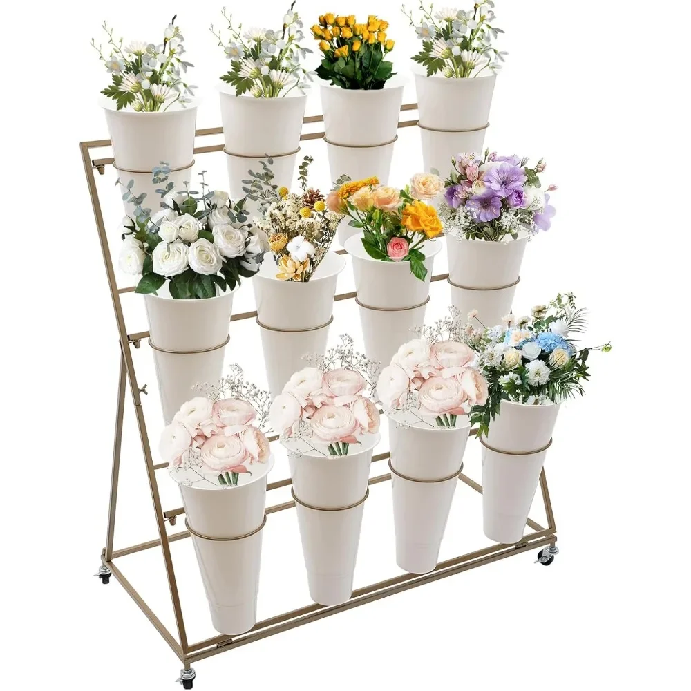 Metal Heavy Duty Moving Plant Cart Shelf - 3-Layer Movable Flower Display Stand with 12 Buckets for Indoor & Outdoor Use (White)