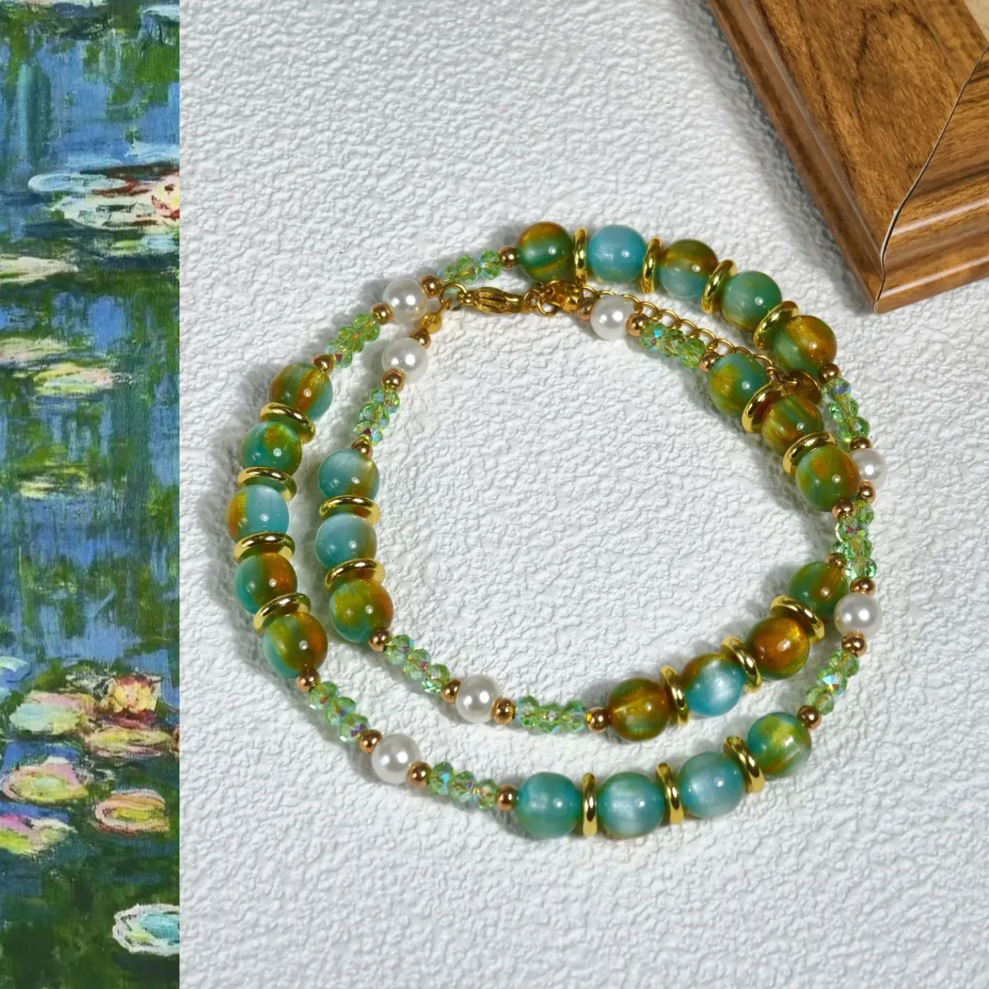Monet Water Lilies Summer New Bead Chain Clavicular Chain Dopamine Temperament Fresh Color Matching Original Glass Bead Necklace