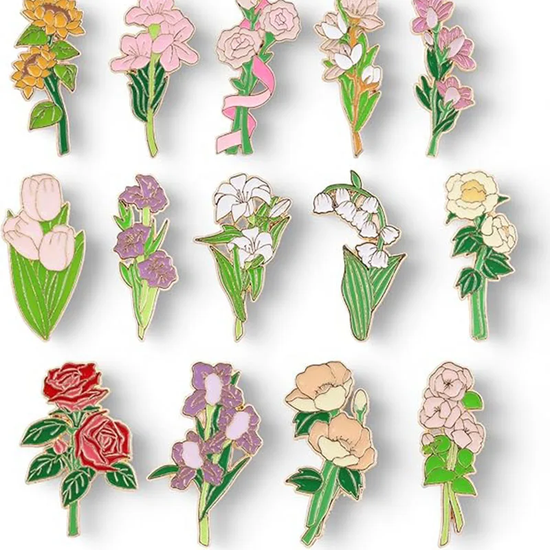 14 Packs Floral Enamel Pins Brooch Bulk, Metal Cute Flower Pins for Clothes Button Women Backpacks Aesthetic Cartoon Gifts