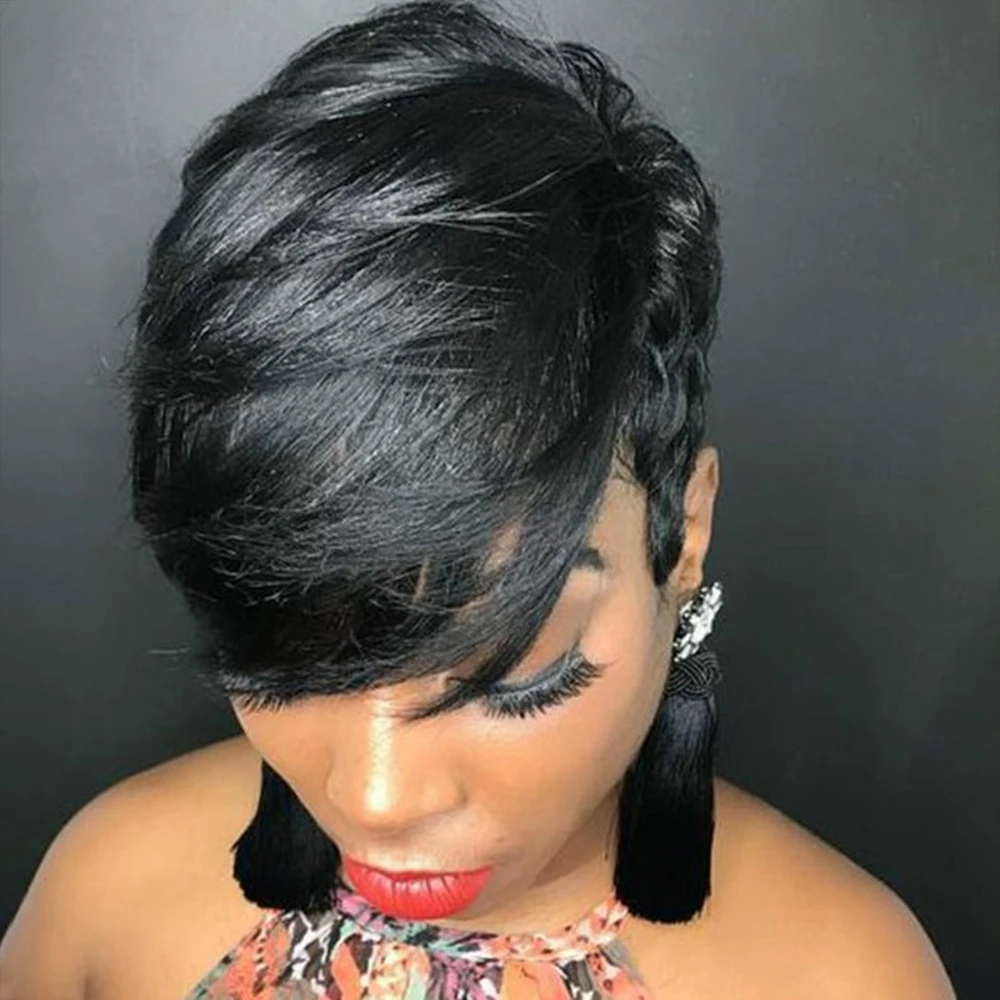 

Short Bob Pixie Cut Full Machine Made Human Hair Wigs For Women Natural Black Brazilian Virgin Wigs With Bangs