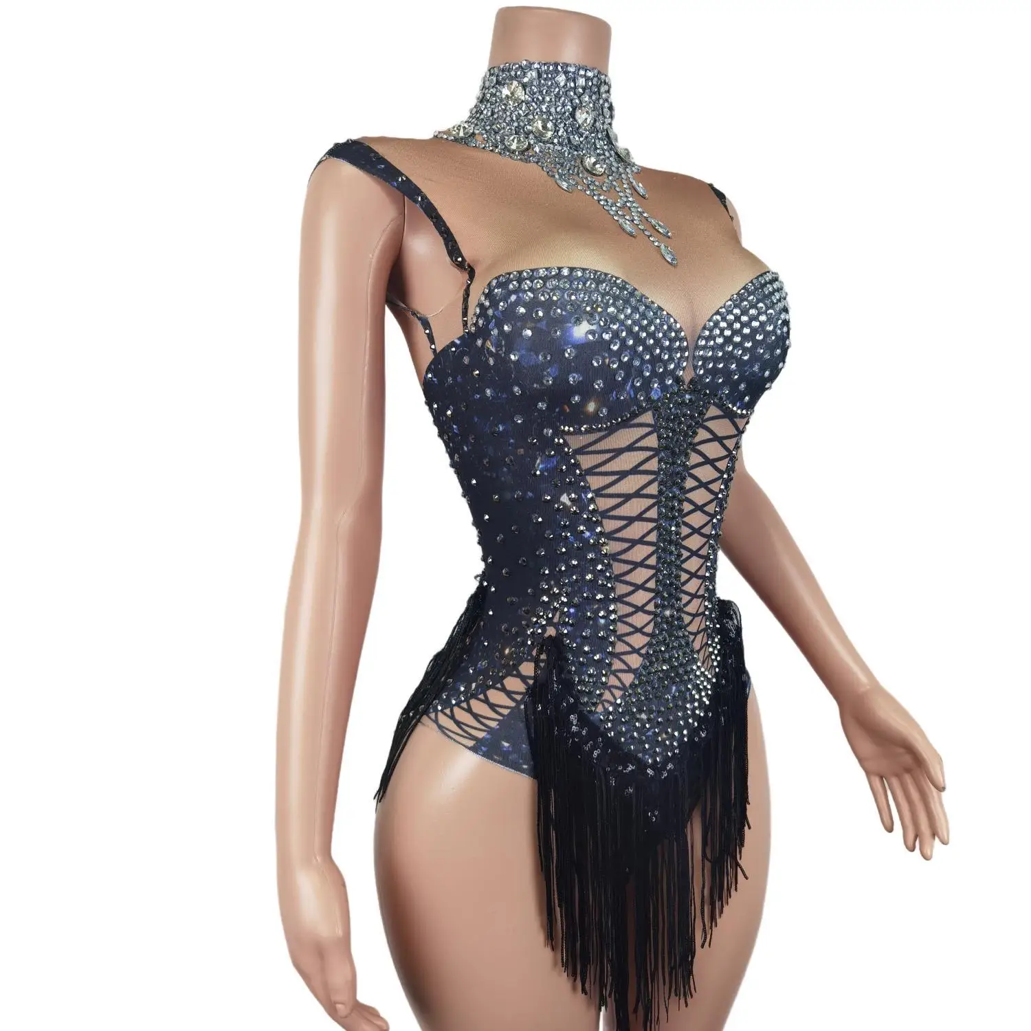 Sexy Sequin Fringes One Piece Jumpsuit Club Romper Stage Carnival Dancer Festival Outfit Women Party Tassel Rhinestone Bodysuits