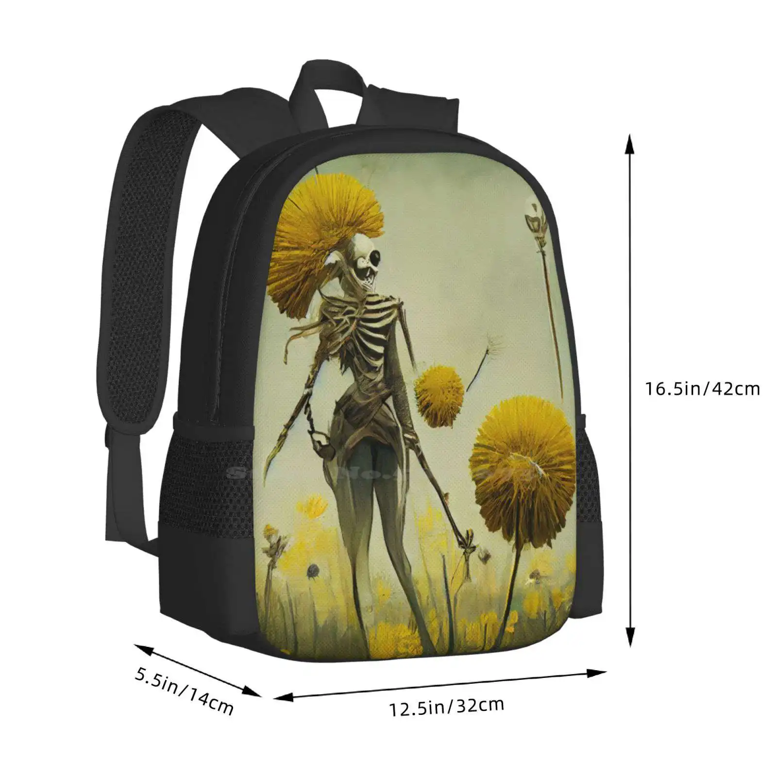 Esqueleto mulher e flores mochila, dente-de-leão floral amarelo, bolsa botânica para adolescentes, homens e mulheres