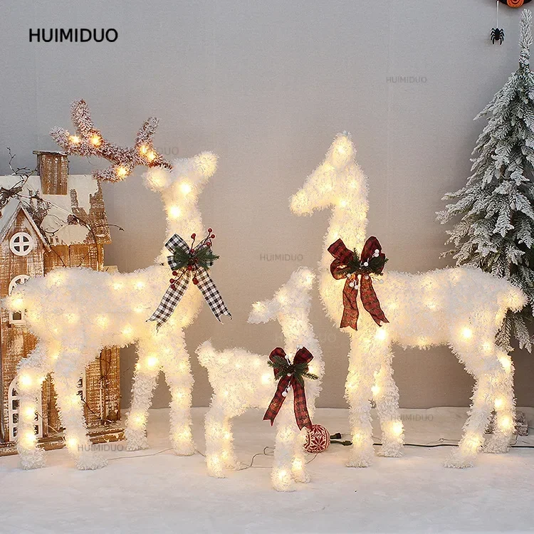 Christmas new product luminous flocking Christmas snowman elk family of three set large set decoration ornament shopping mall