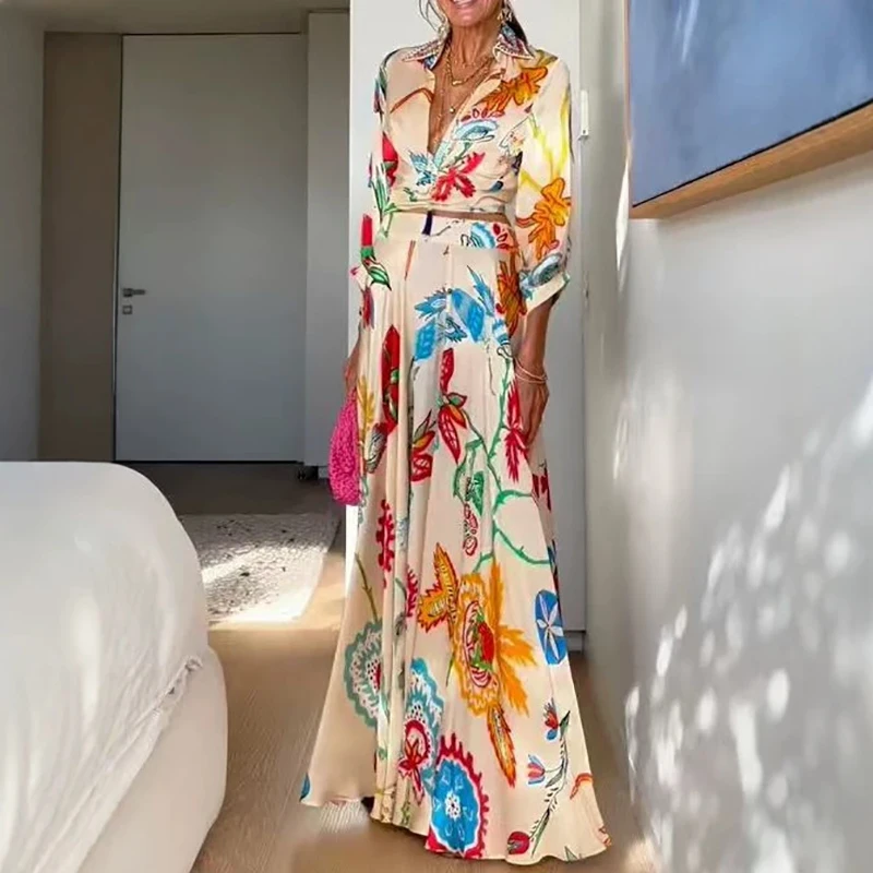 Women Floral Print 2 Piece Skirt Set Lapel V Neck Long Sleeve Crop Shirt High Waist Maxi Skirt Boho Suit Holiday Matching Outfit