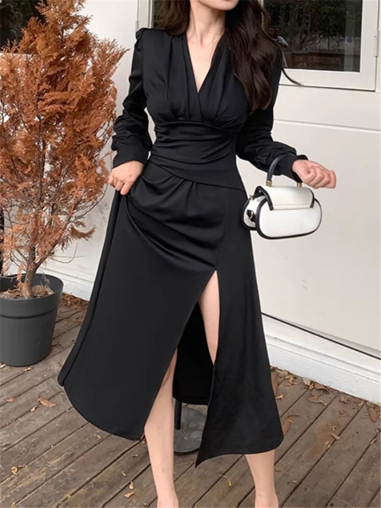 

French High End Elegant Women V Neck Black Shirt Dress New Fall Winter Fashion Long Sleeve Slim Waist Split Midi Dress Vestidos