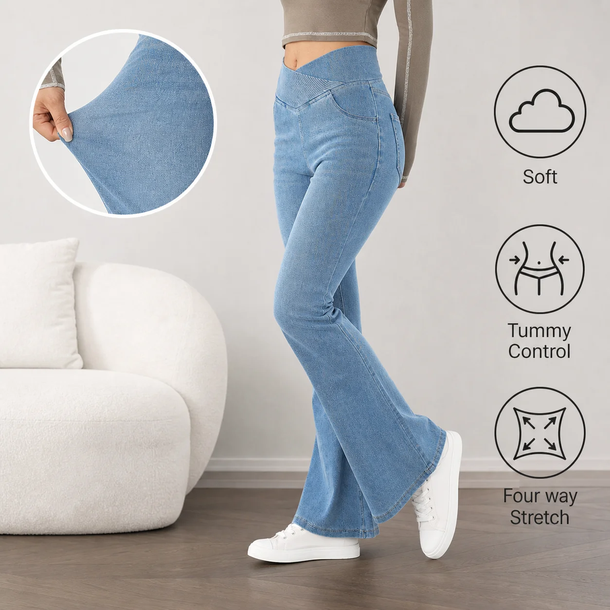 Smoothscape Women’s Fashion Cross Waist Flare Jeans High Rise Stretch Denim Pants Tummy Control Bell Bottom Jeans Soft Sculpting