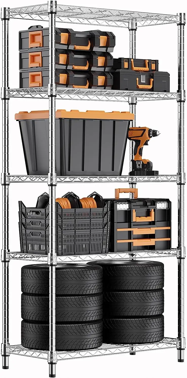 1250 lbs Steel Heavy Duty 5-Tier Utility Shelving Unit Steel Organizer Wire Rack for Home,Kitchen,Office,Chrome (13.7" D x 23.6"