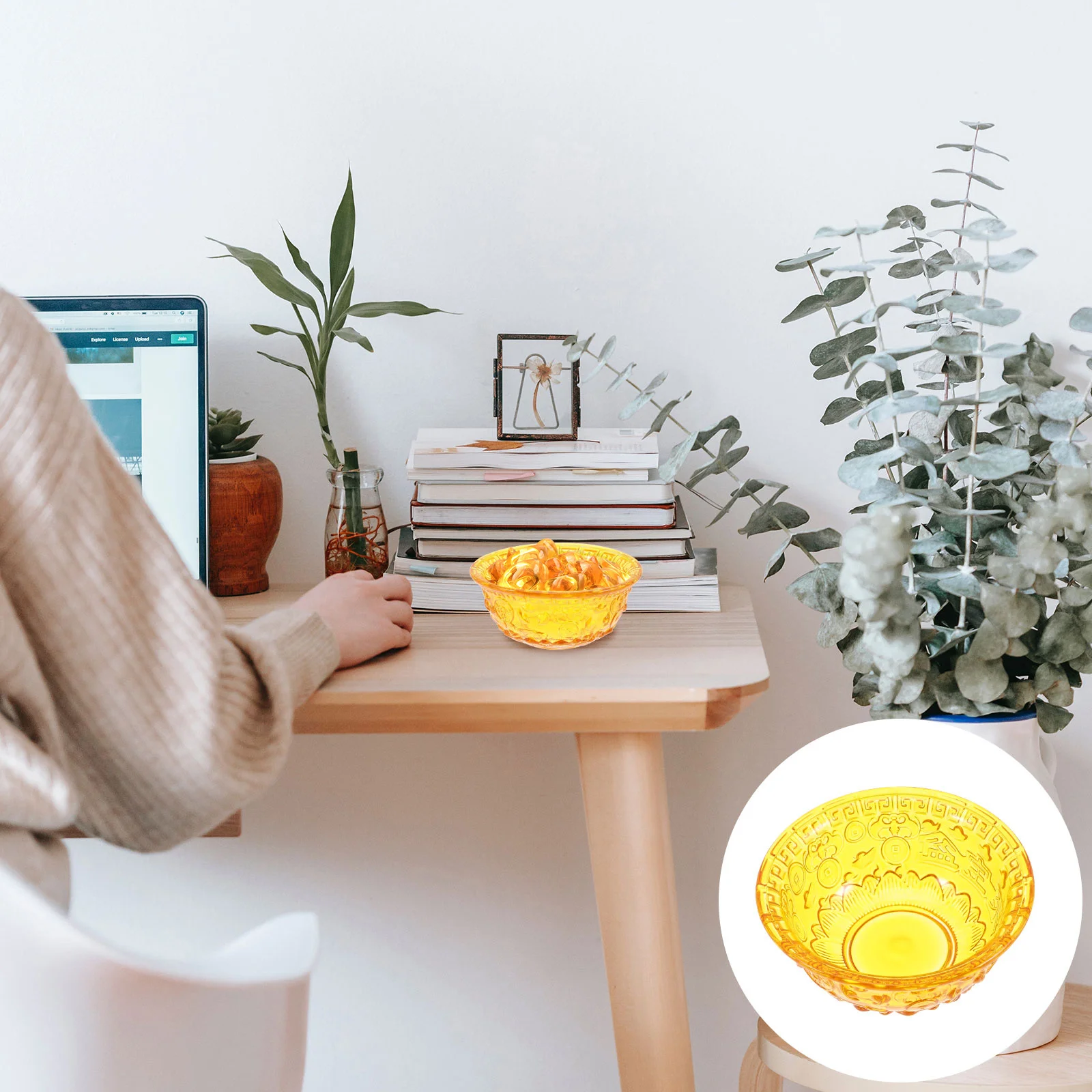 

Chinese Yellow Crystal Treasure Basin Cornucopia Wealth Bowl Decorative Ornament Home Office Desk Table Centerpiece Decor