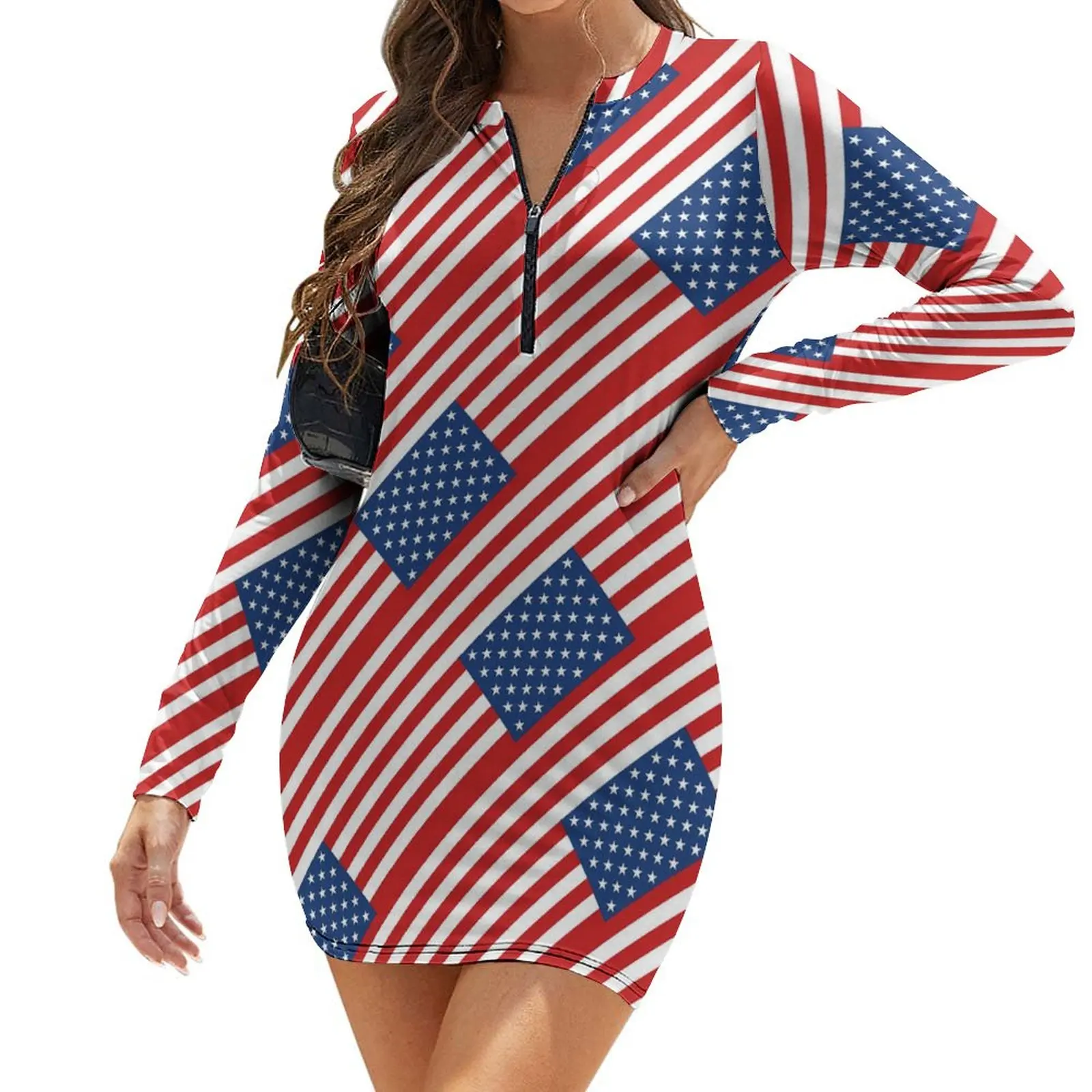 USA Flag Dress Long Sleeve Red Stripe Print Aesthetic Dresses Autumn Elegant Bodycon Dress Woman Graphic Big Size Clothes