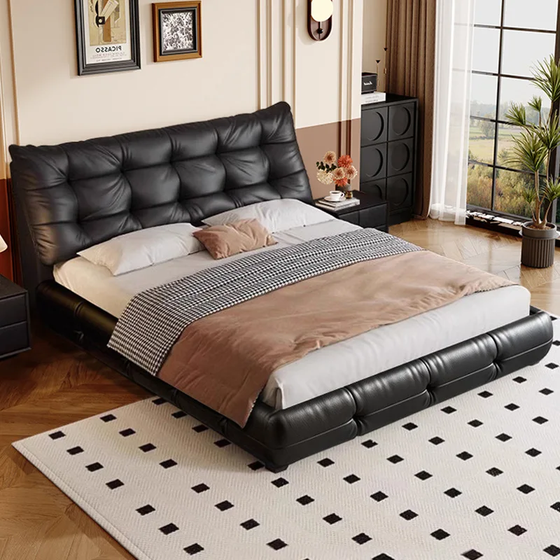 Italian minimalist leather bed French retro black first layer cowhide 1.8 meters master bedroom big black bear double