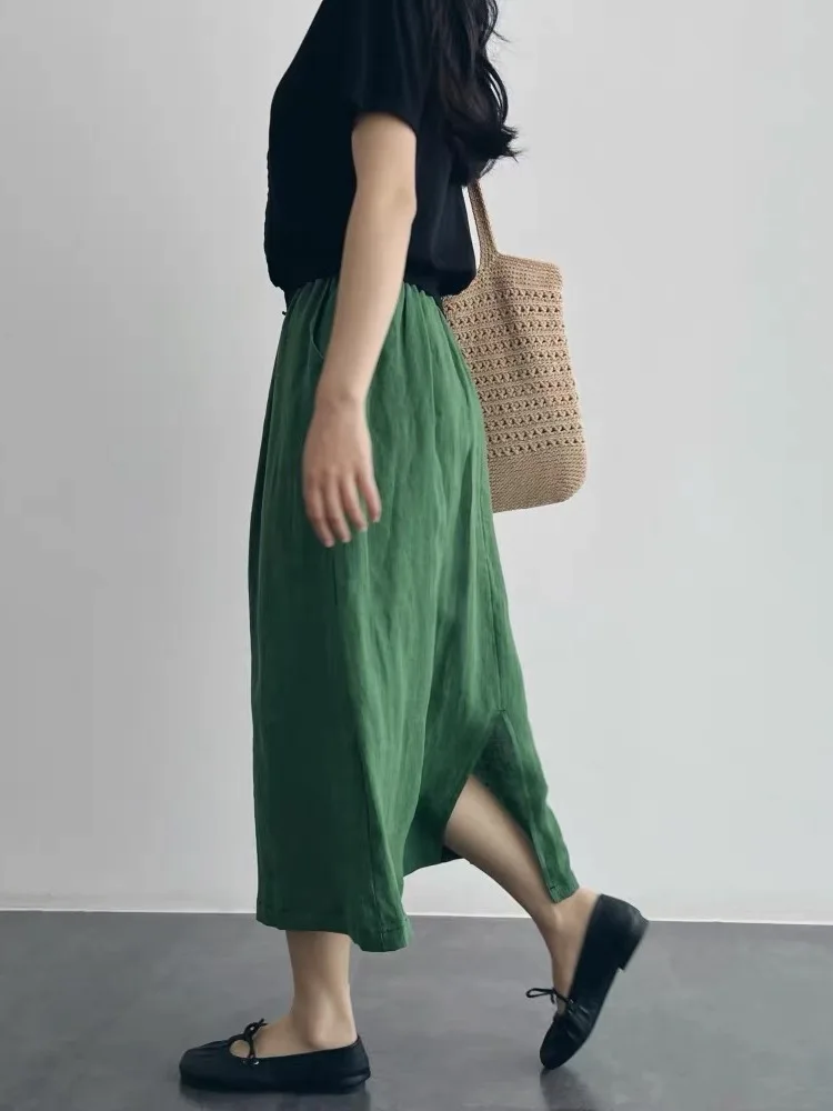 

Художественная однотонная хлопково-льняная юбка миди с боковым разрезом, приталенная, А-силуэт, большие размеры, женская, модная, летняя, новинка