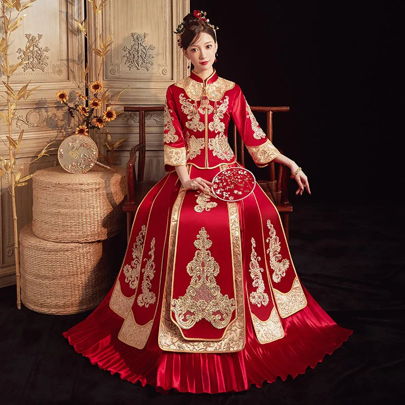 

Chinese Xiuhe Wedding Dress Women Slim Dragon Phoenix Bridal Gown Sets Wedding Toast Gowns