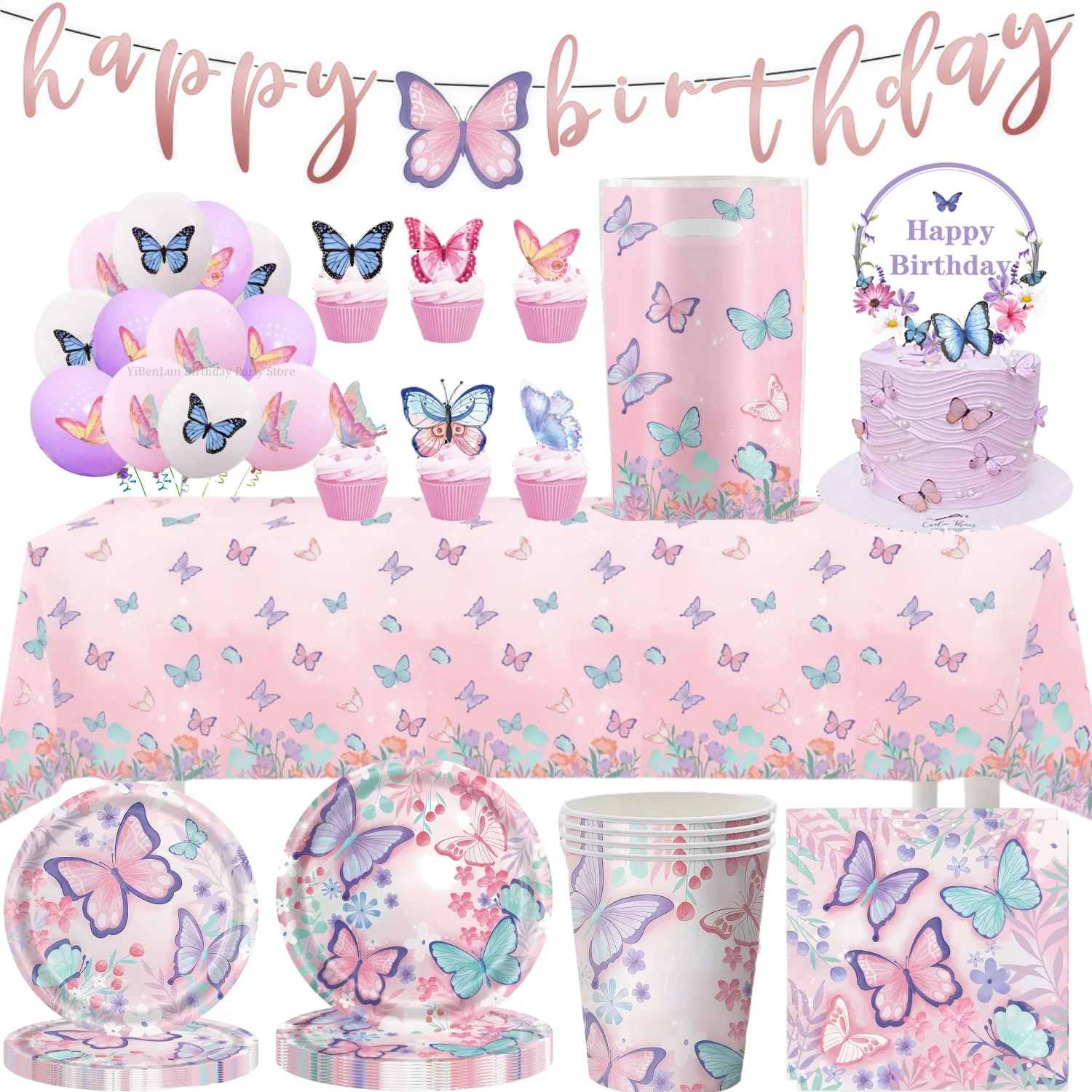 

Purple Butterfly Party Decorations Set Disposable Tableware Tablecloth Plate Cup Napkin Bags Baby Shower Butterfly Party Favors