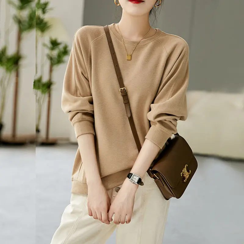 Autumn Fashion Solid Color Loose All-match Sweatshirts Women Bottoming Shirt New Classic Long Sleeve O-collar Lady Top 2022