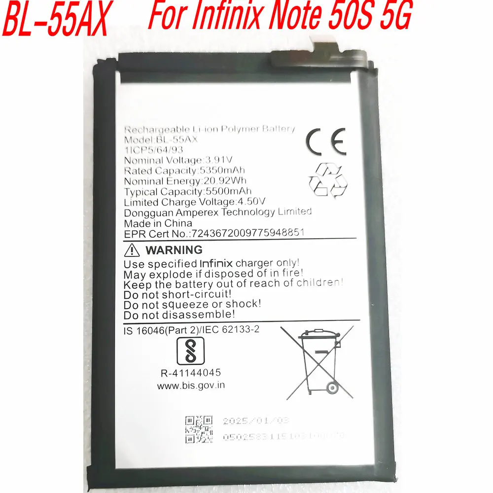 

New 3.91V 5350mAh BL-55AX High Capacity Battery For Infinix Note 50S 5G Mobile Phone 1ICP5/64/93