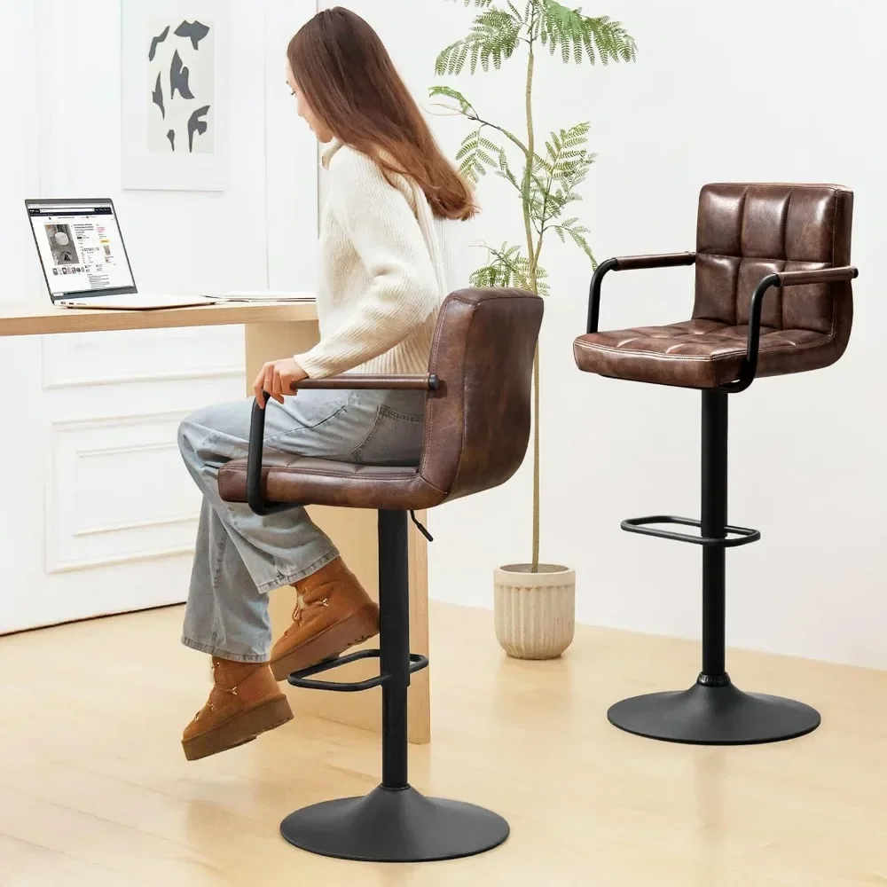 Ensemble de tabourets de bar en cuir, tabourets avec bras, tabourets de piste de bar à cussion, tabouret de bar pour Kitchen Island, 2 pièces