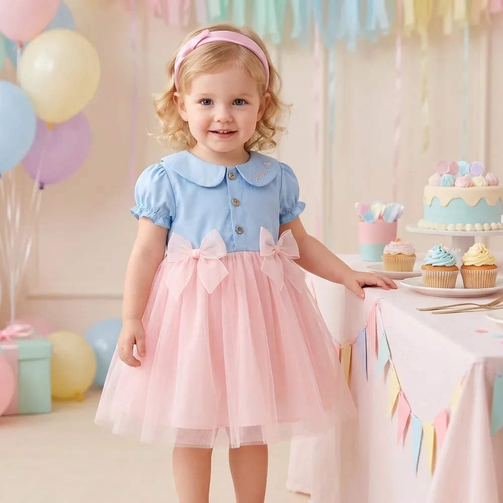 Sommer Neues Baby-Mädchen Prinzessinnenkleid, Hochzeitsparty Kinderkleidung Baby Kinder Kurzarm Mesh-Spleißkleider Sommer Neu